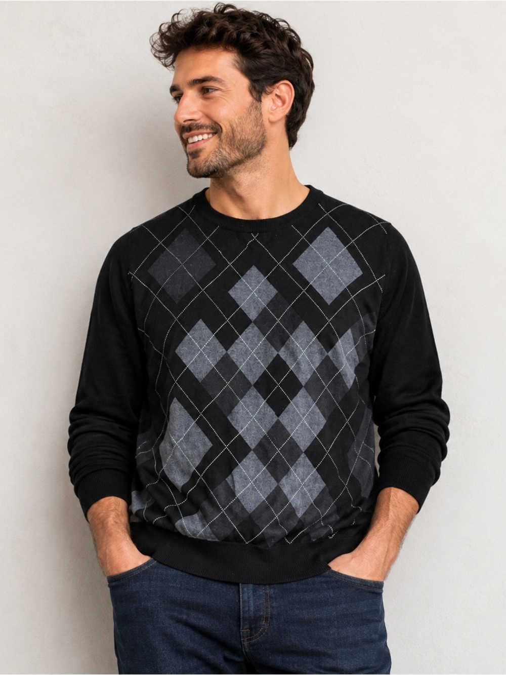 West Coast Connection Argyle Sweater Mens XL Black Gray Knit Crewneck